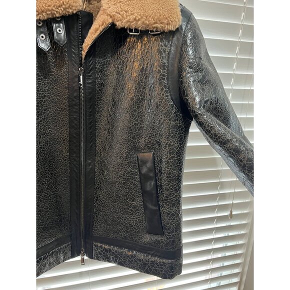 HUGO BOSS Mens Black Textured Leather Shearling Collar Aviator Jacket NWT - Picture 3 of 12